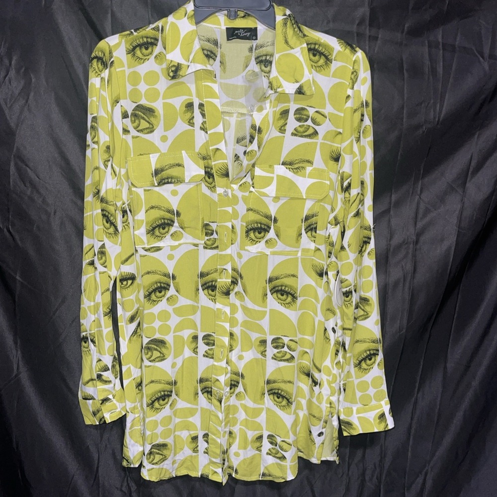 Milk & Honey Shirt Womens Small Green Eye Print Graphic Button Up Rayon